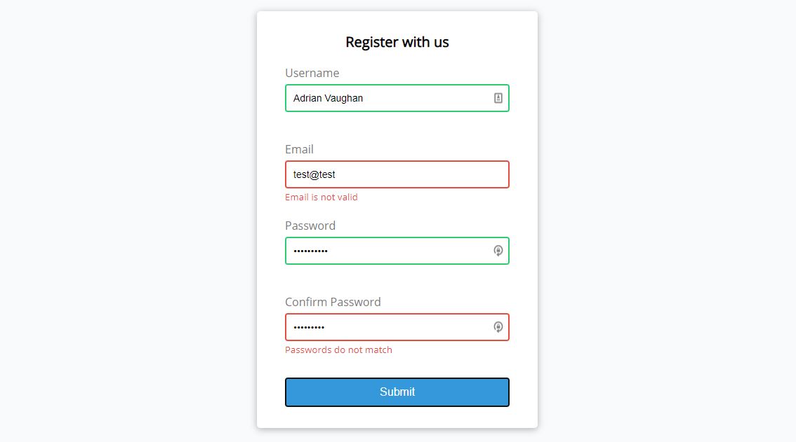 Form validation using JavaScript